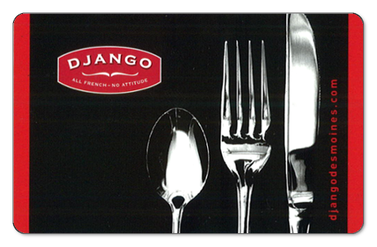 Orch Django, spoon fork knife over black background with red border