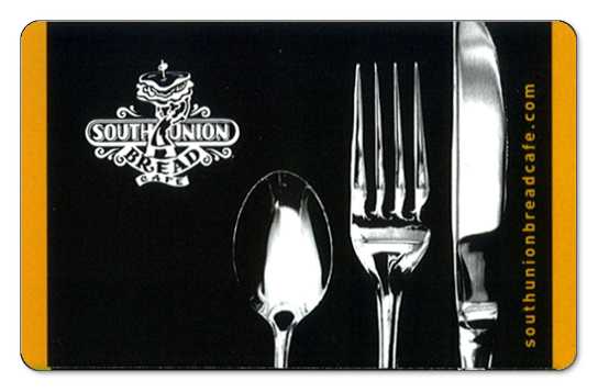 Orch South Union logo, spoon fork knife over black background with yellow border