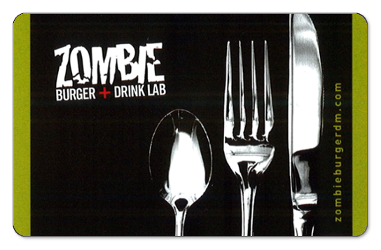 Orch Zombie logo, spoon fork knife over black background with green border